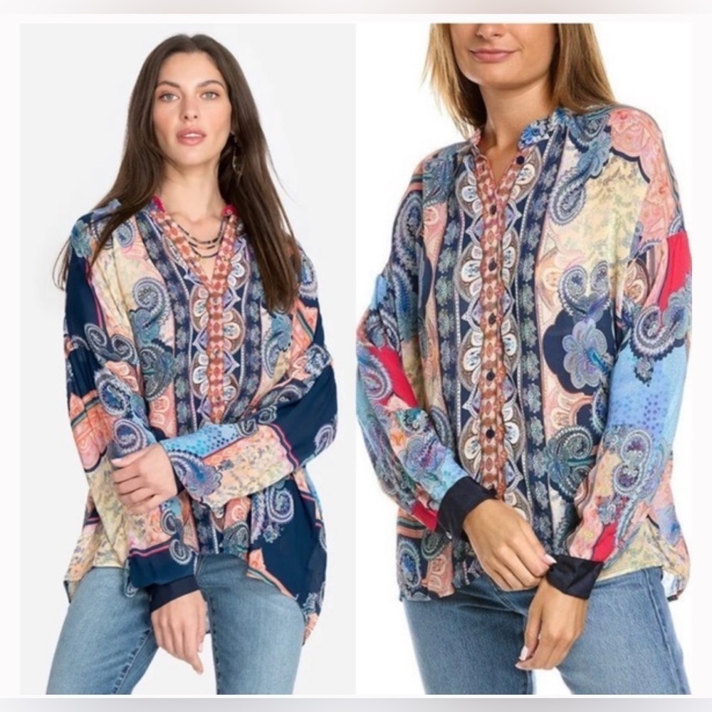 Johnny Was Jade Onda Button Down Blouse Boho Paisley Relaxed Fit sz M
